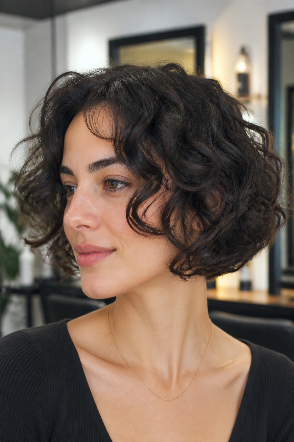 Portrait of a person with jawline-length curly bob and soft side pieces framing the jaw