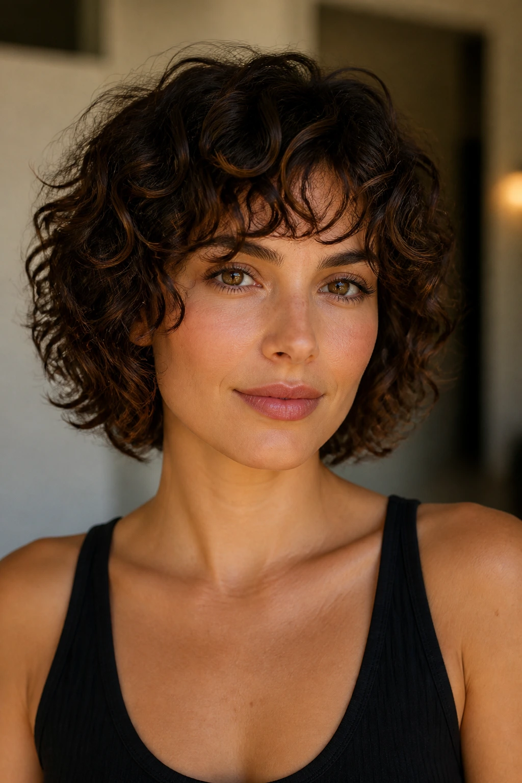 Close-up portrait of a real woman with a jaw-length curly bob and feathered ends.