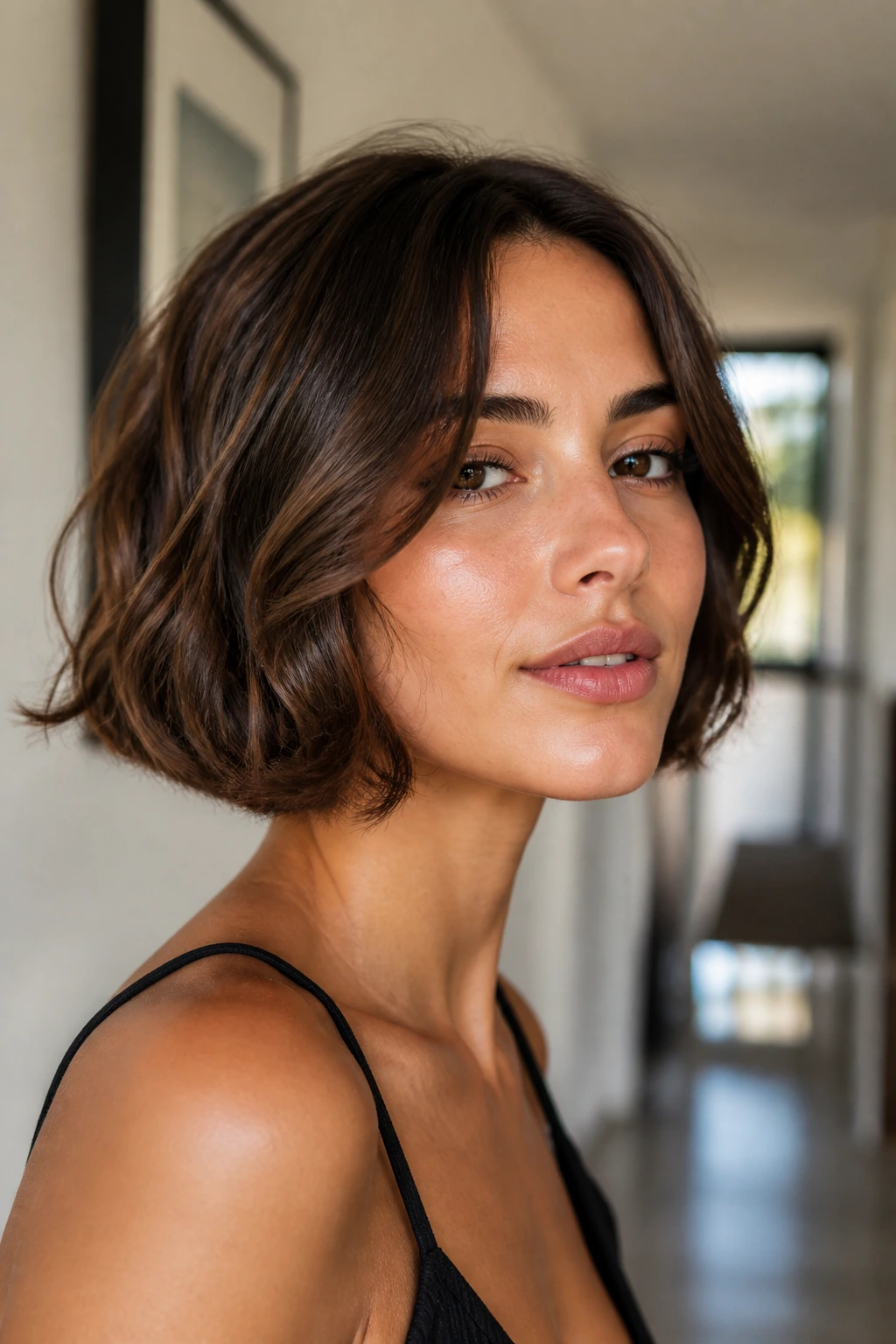 Close-up of a real woman with a jawline curve bob