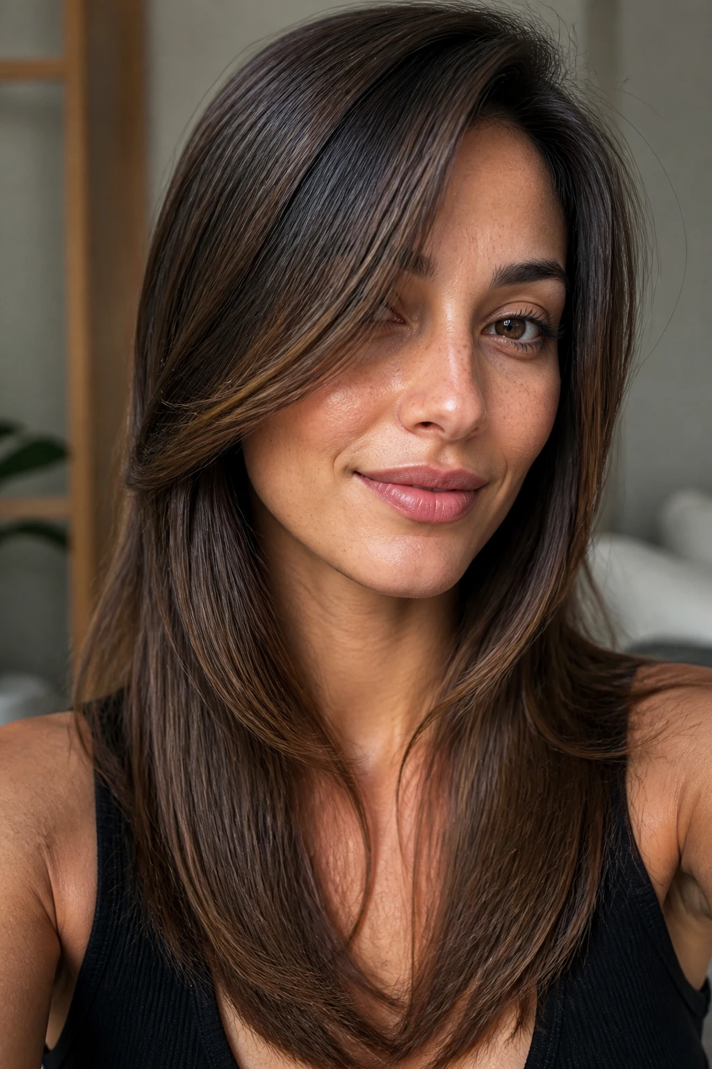 Jawline feather front layer hugging the jaw on a real woman