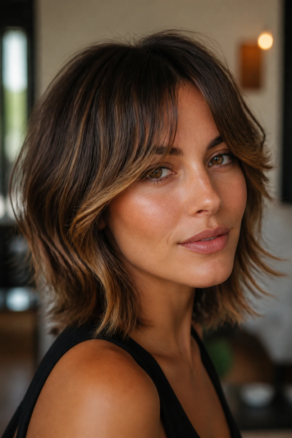 Portrait of a real woman with jawline flick shag and curtain bangs