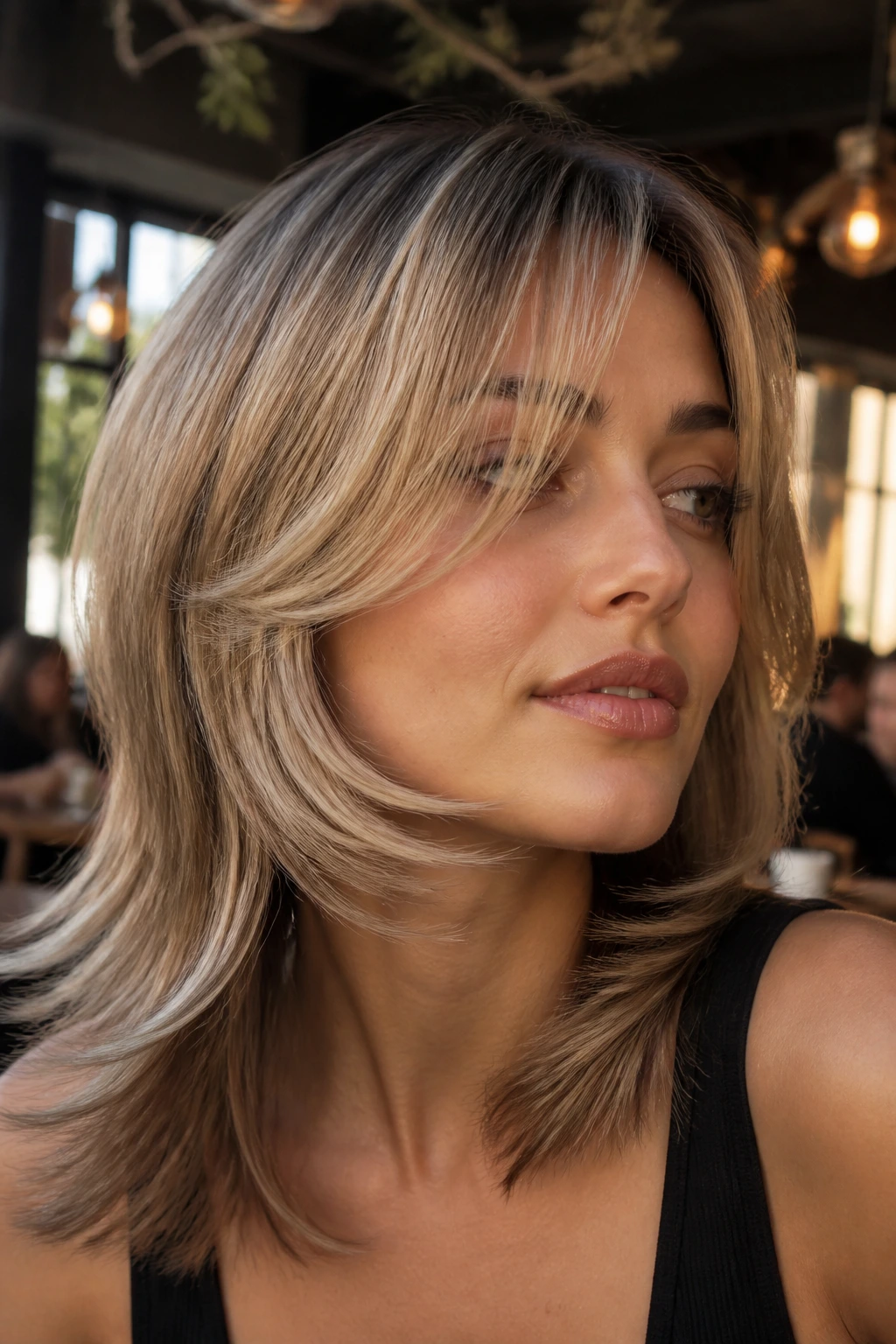 Real woman with jawline flick layers creating motion near the jaw