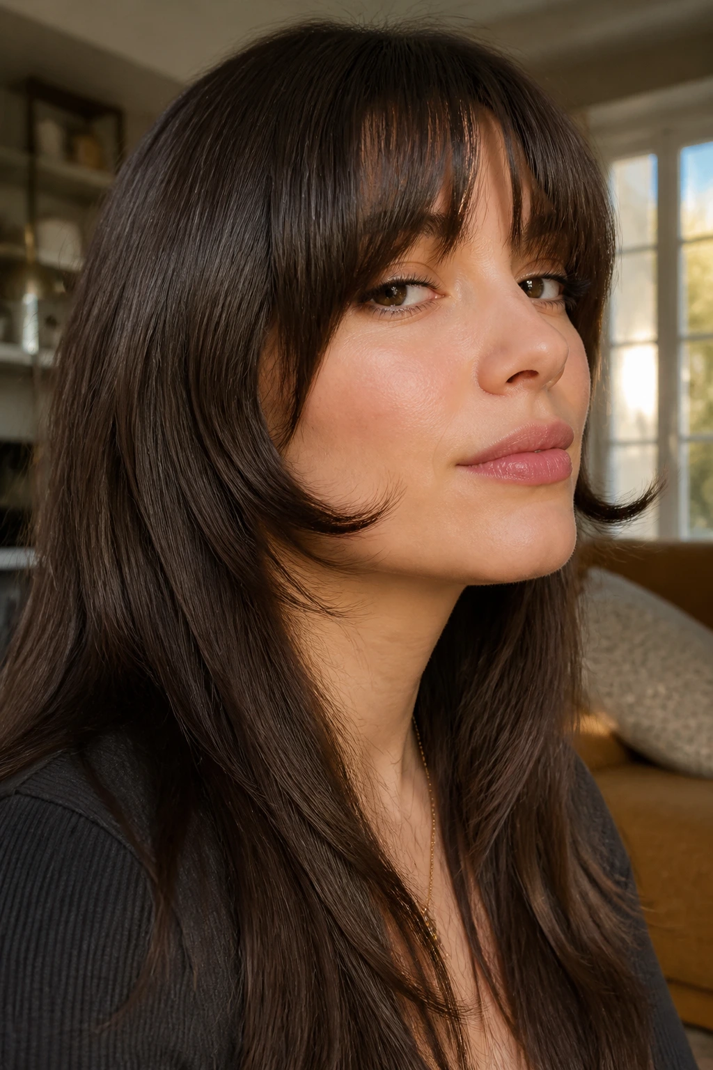 Real woman with jawline-length bangs flipped outward with a kick.