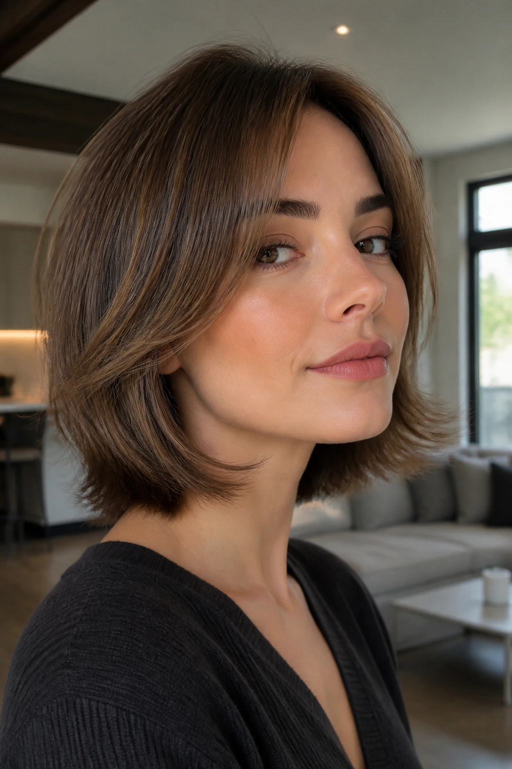 Portrait of a woman with jawline flip layers in a modern living room setting