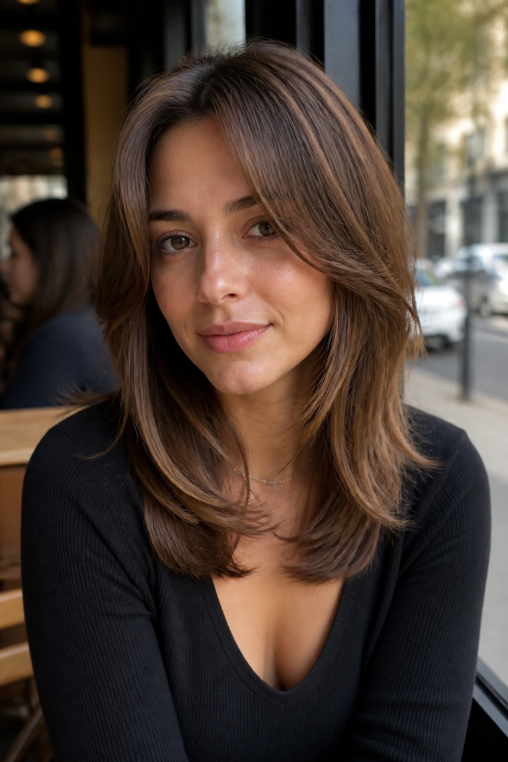 Real woman with jawline-opening face frame for round faces in daylight