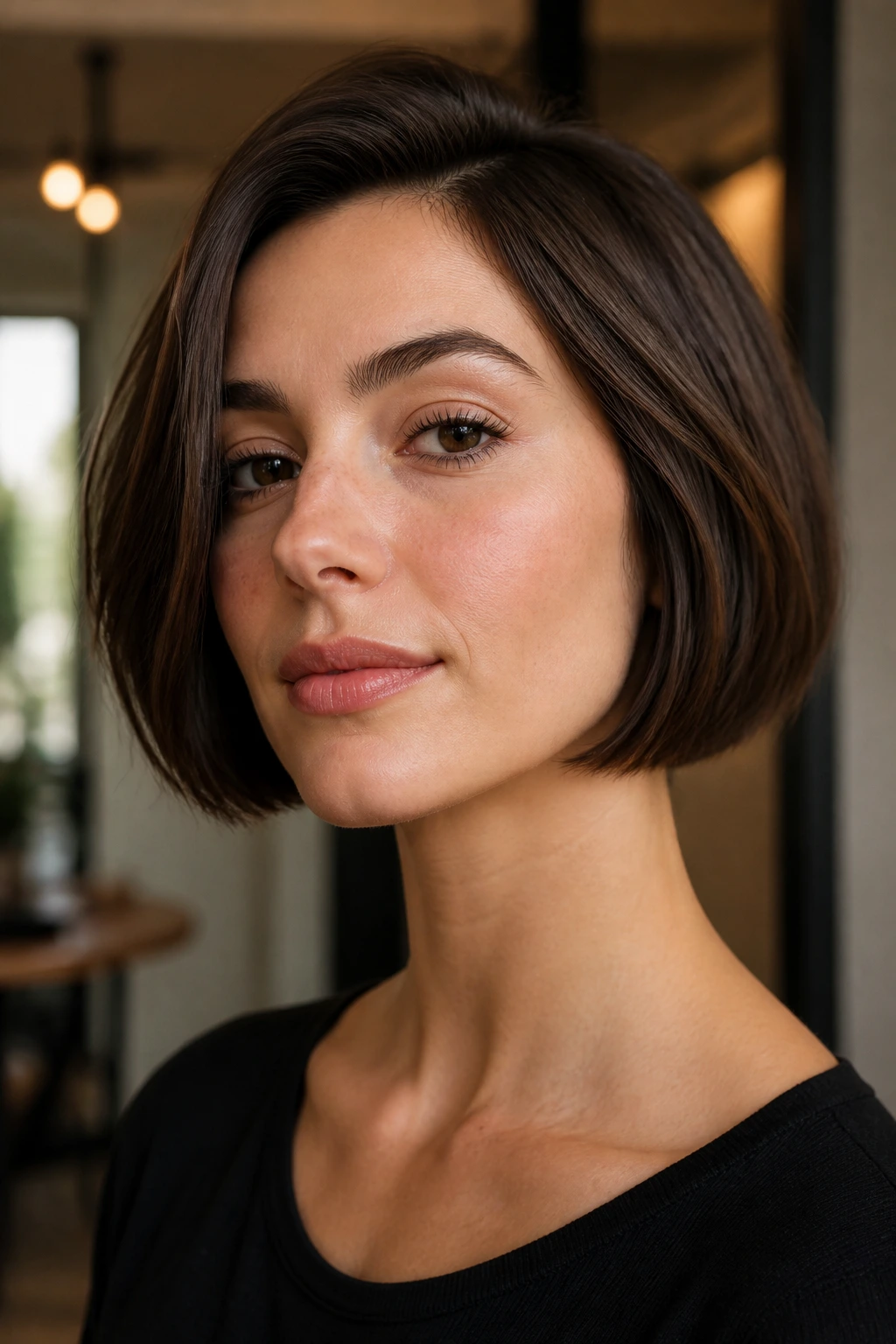 Jawline-length French bob on a real person with under curl