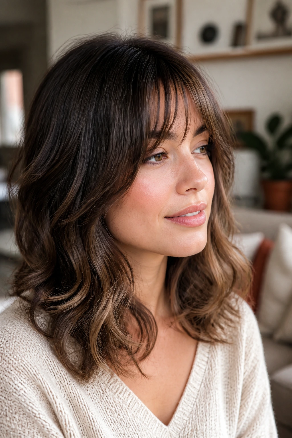 Real woman with jawline-grazing bangs blending into loose curls