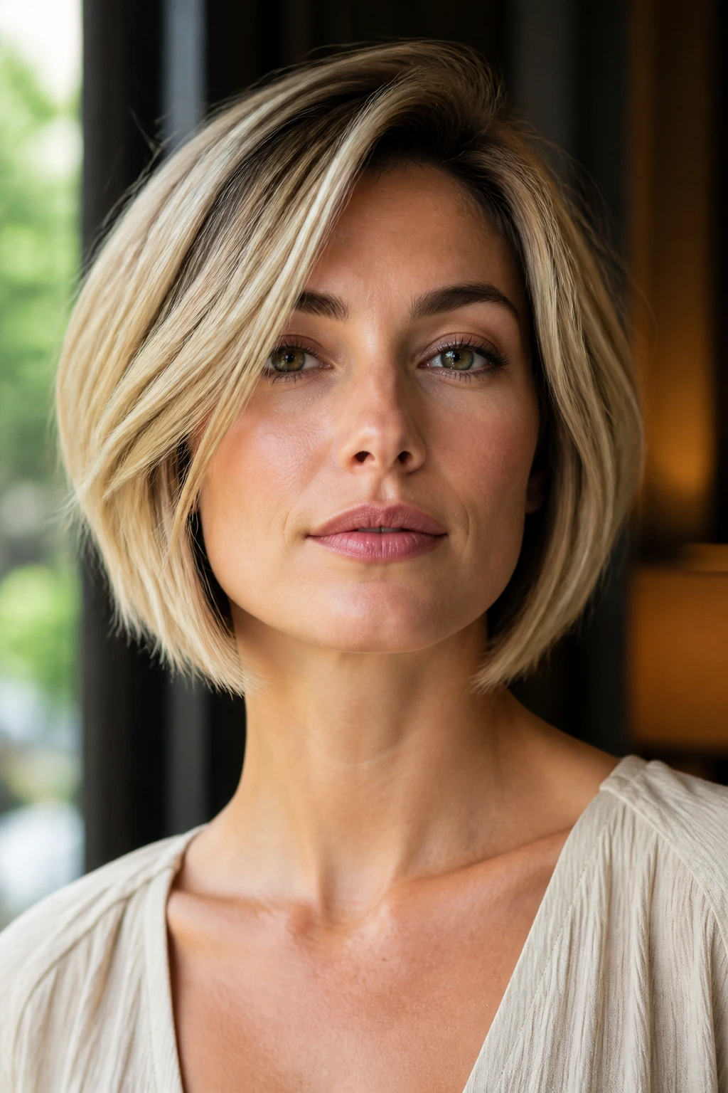 Close-up portrait of a real person with a jaw-framing haircut that softens a square face