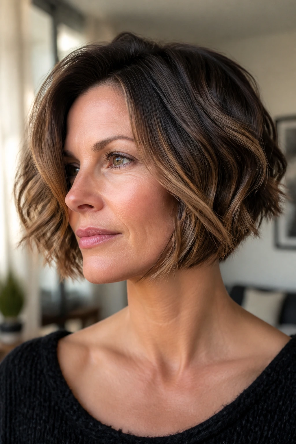 Close-up of real woman with jawline-hugging inverted bob and caramel curves