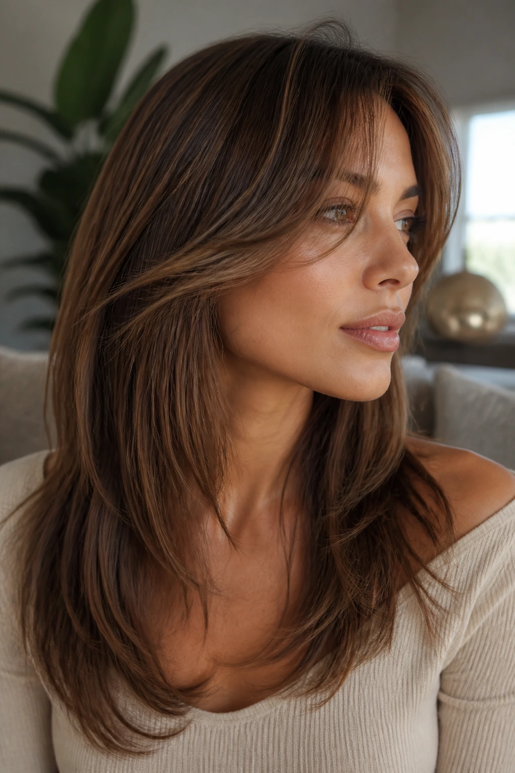 Close-up portrait of a real woman with jawline-softening layered fringe draping toward the jaw in warm window light.