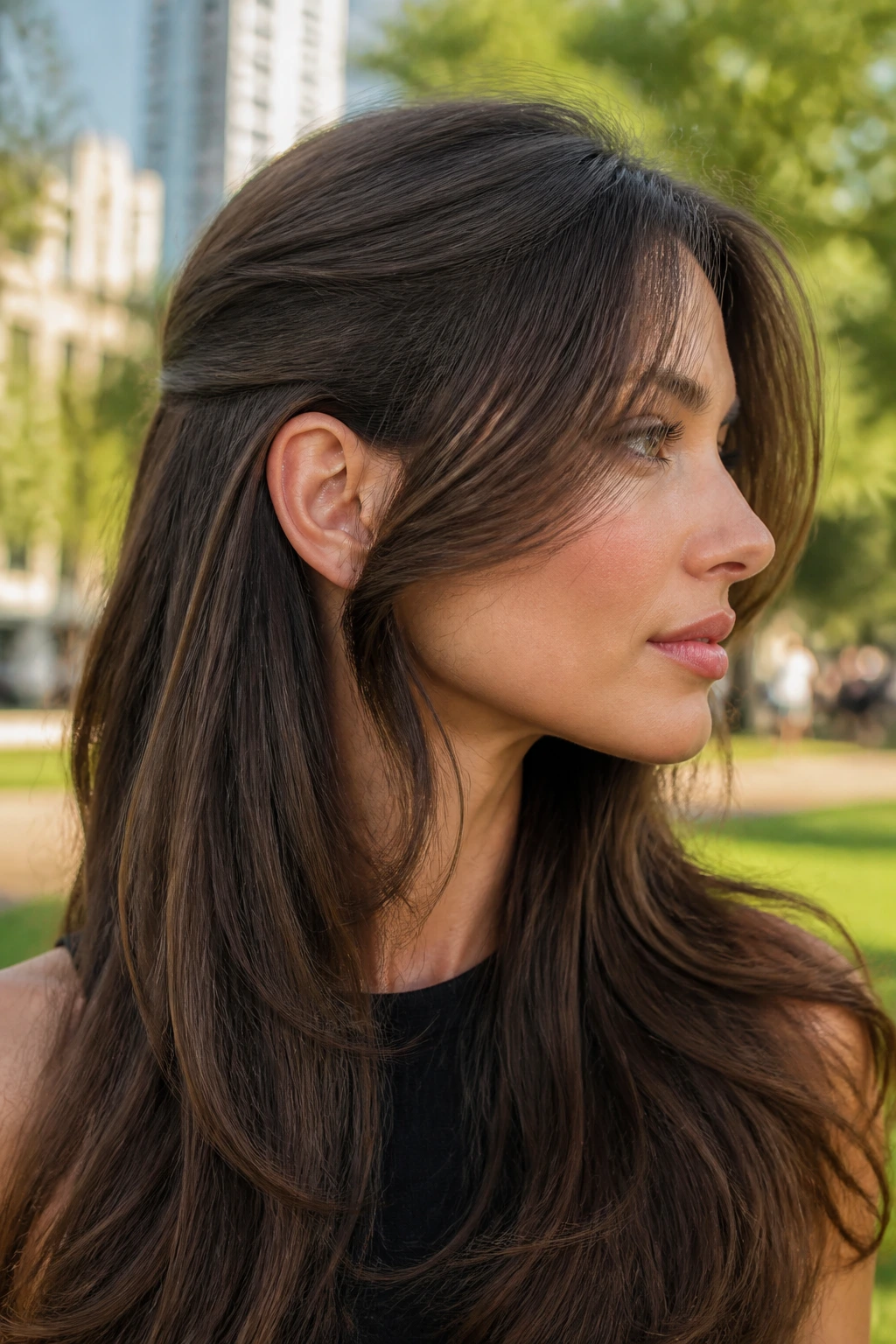 Side-profile of real woman with jawline-following layers following the bone