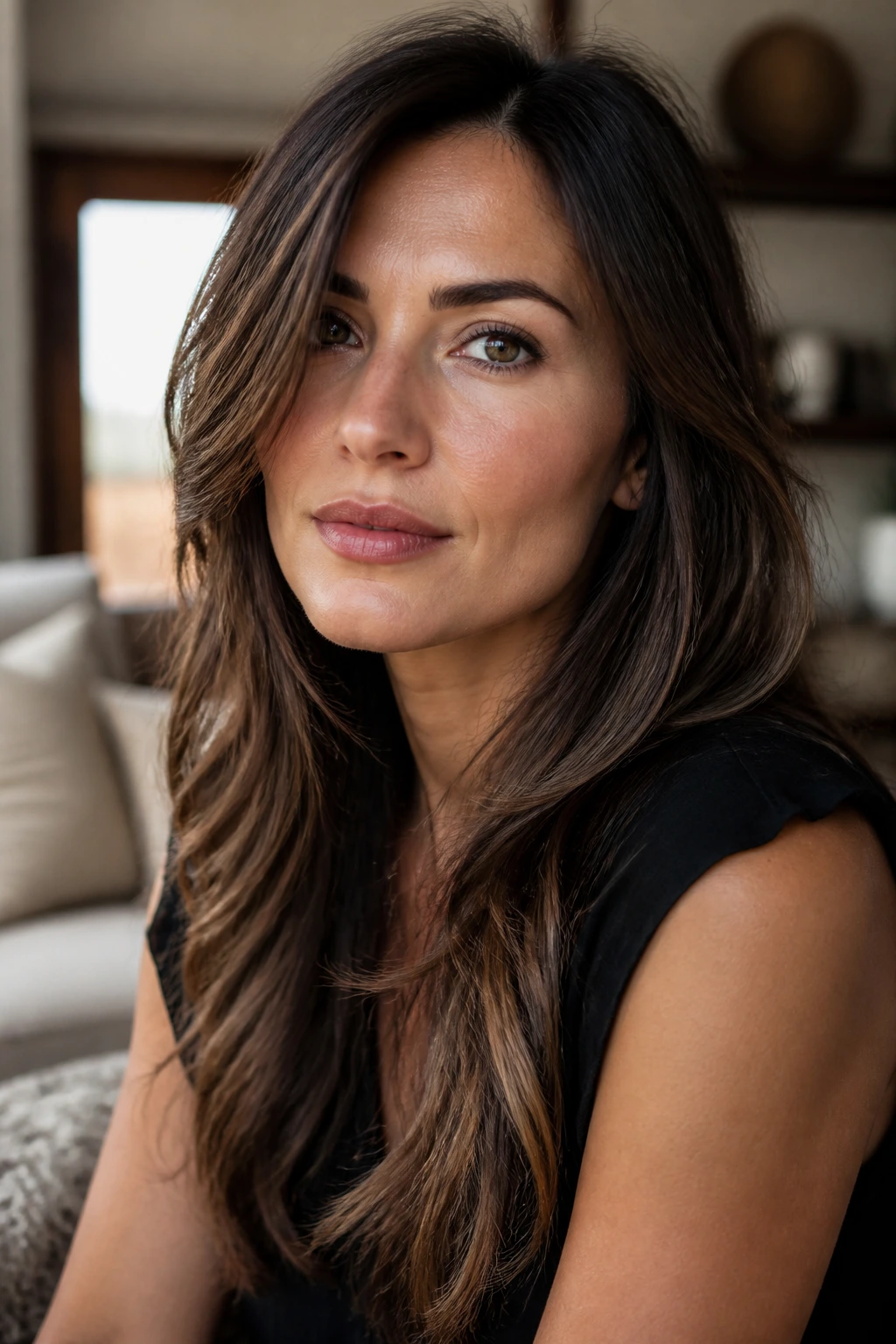 Close-up portrait of a woman with jawline-skimming feathered layers framing the lower face