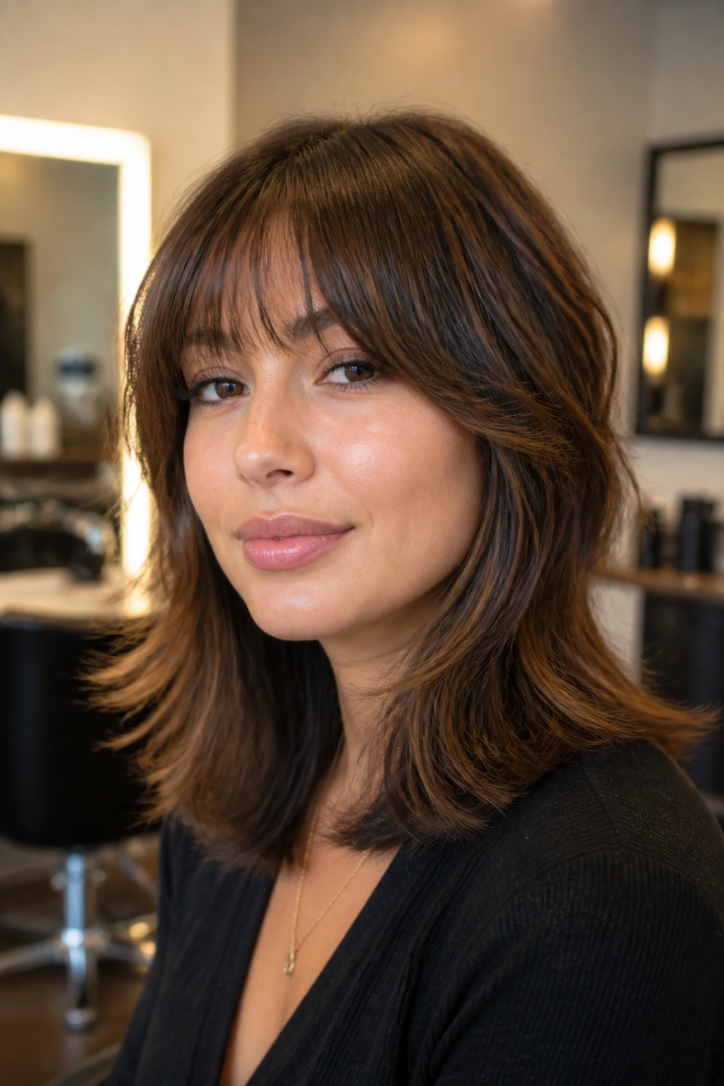 Close-up portrait of a real woman with jawline-breaking razor layers in a salon