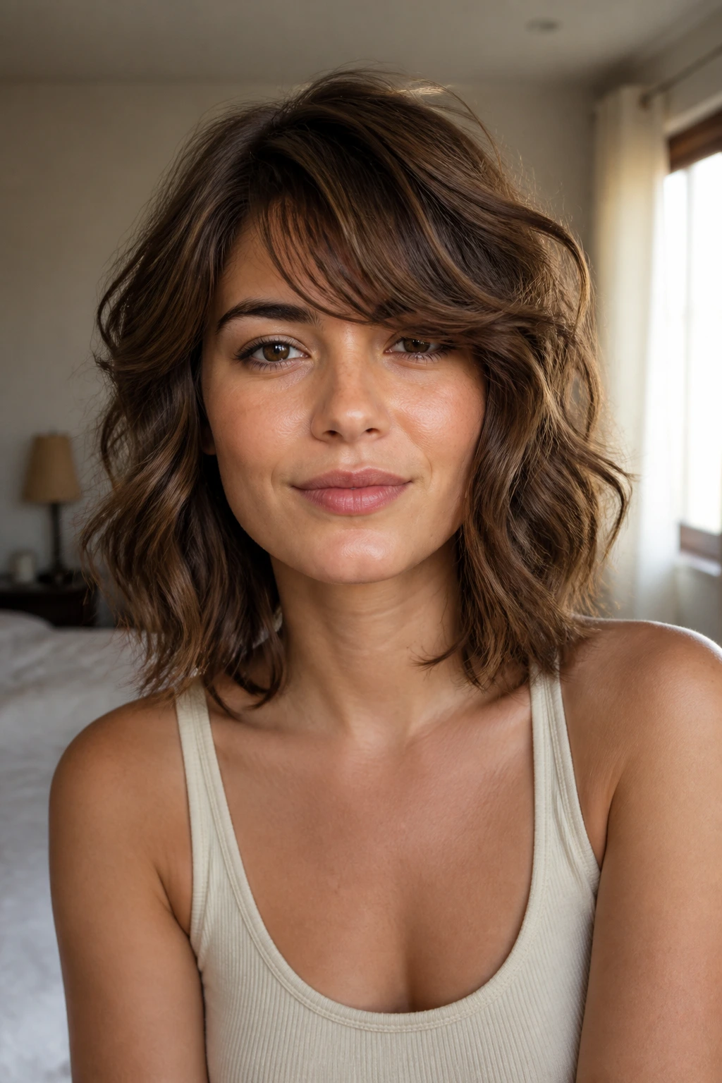Close-up of a real woman with jaw-skimming layered hair emphasizing jawline
