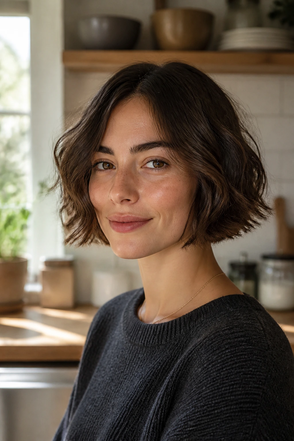 Real woman with jawline-length bob ending at the jawbone