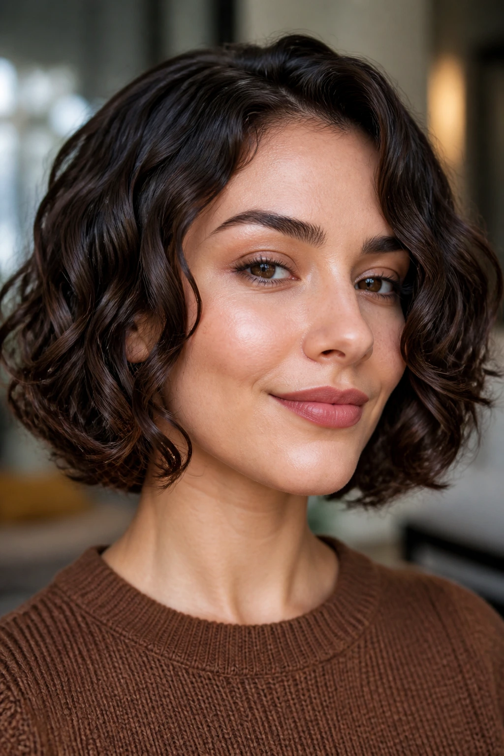 Portrait of a real person with jawline-skimming lob curls