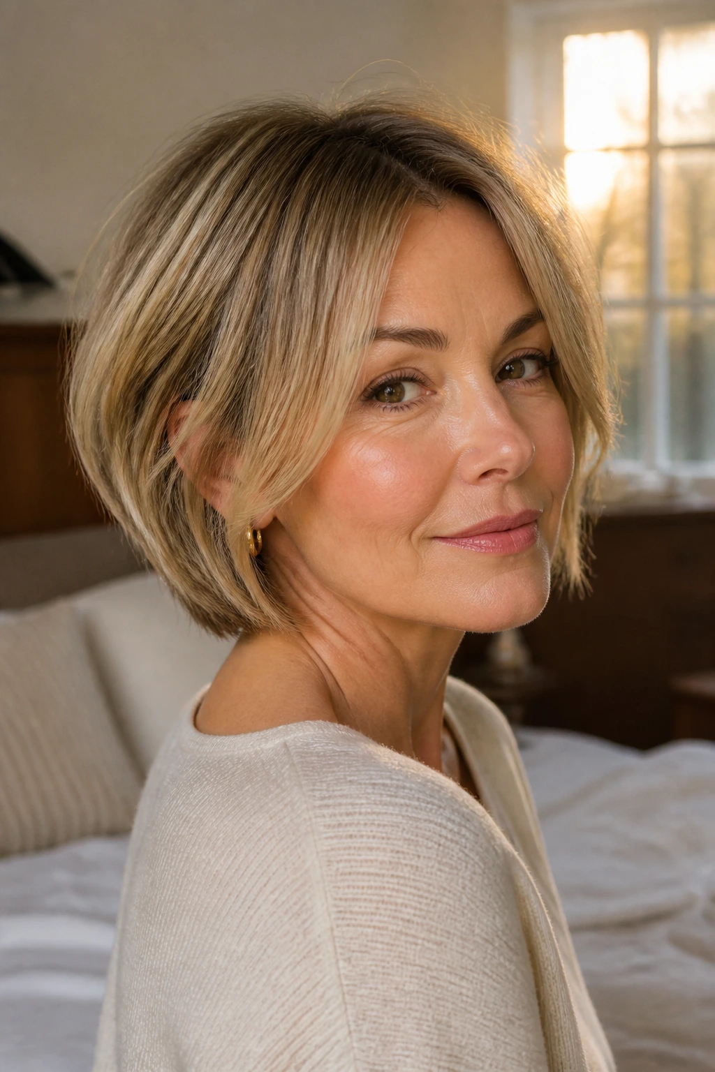 Close-up of a real woman with a jawline lob and face-framing layers
