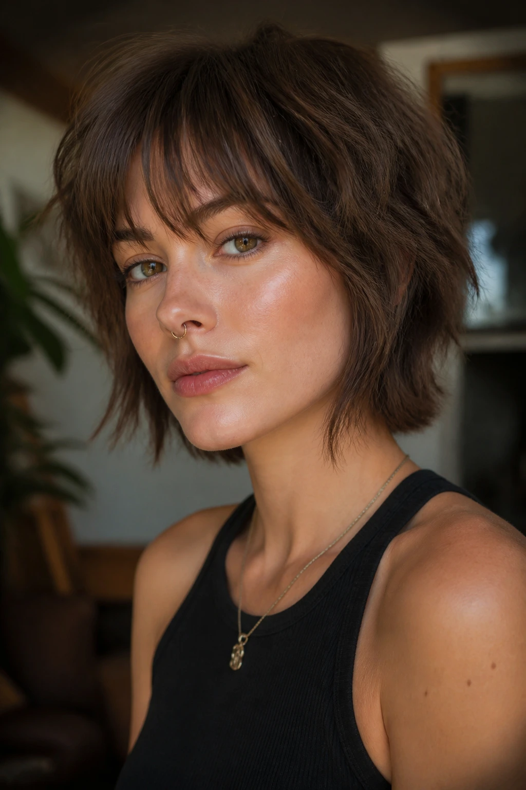 Portrait of a real person with jawline razor shag and piecey bangs