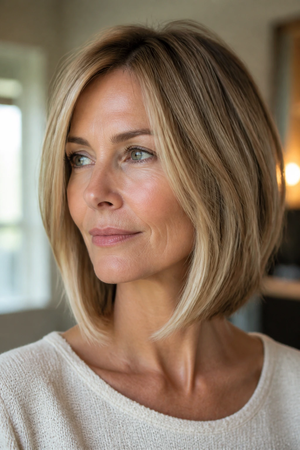 Portrait of a real woman with a jawline-skimming lob and longer front pieces.