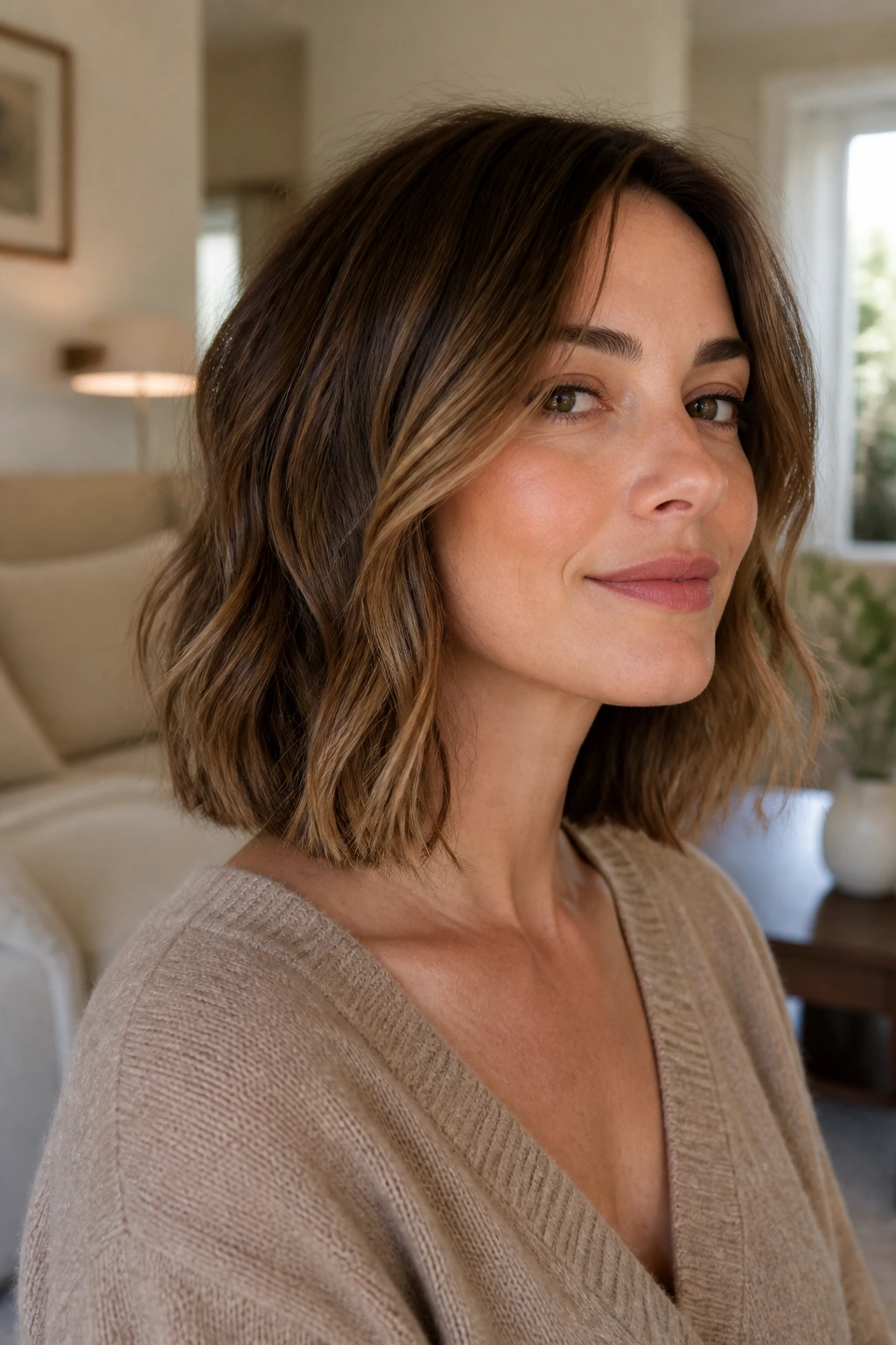 Woman with jaw-softening lob and soft layers