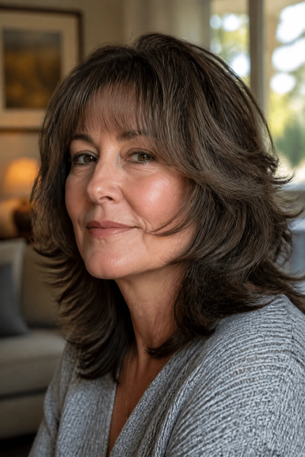 Close-up of a real woman showing jawline sweep shag with jawline face-framing pieces.