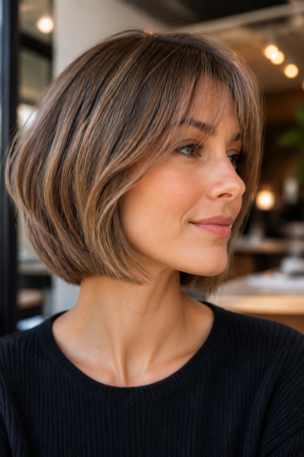 Real woman with jawline wedge bob and feathered bangs