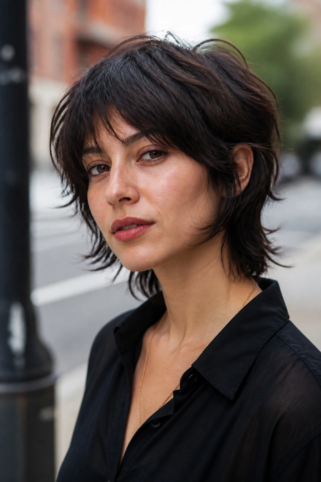 Three-quarter portrait of a real woman with Jawline Wolf Shag hairstyle emphasizing jawline