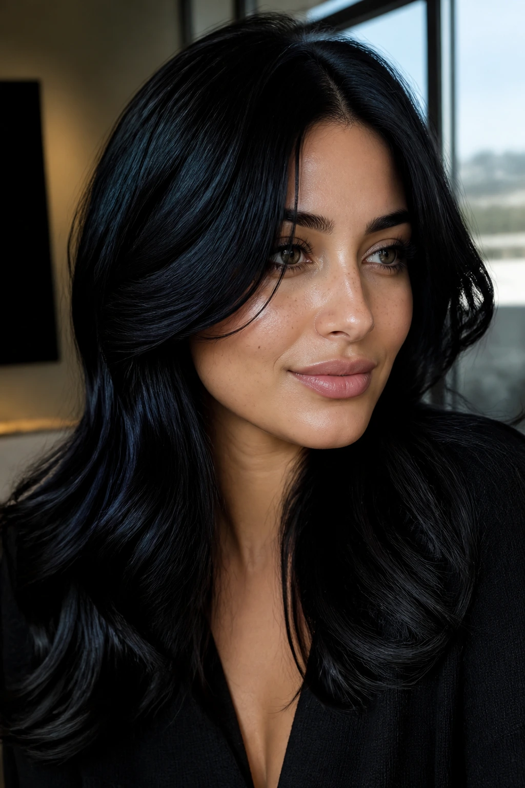 Close-up portrait of olive-skinned person with jet-black hair and blue-black lowlights in natural daylight