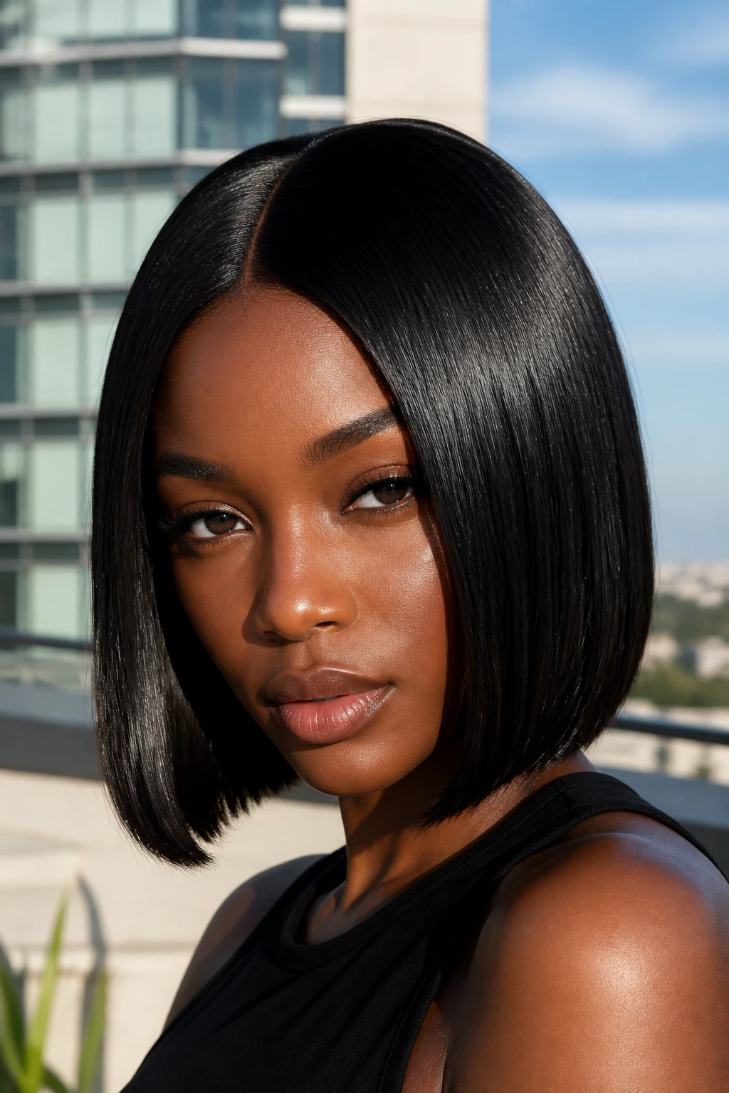 Close-up of a real person with jet-black hair and high gloss in daylight