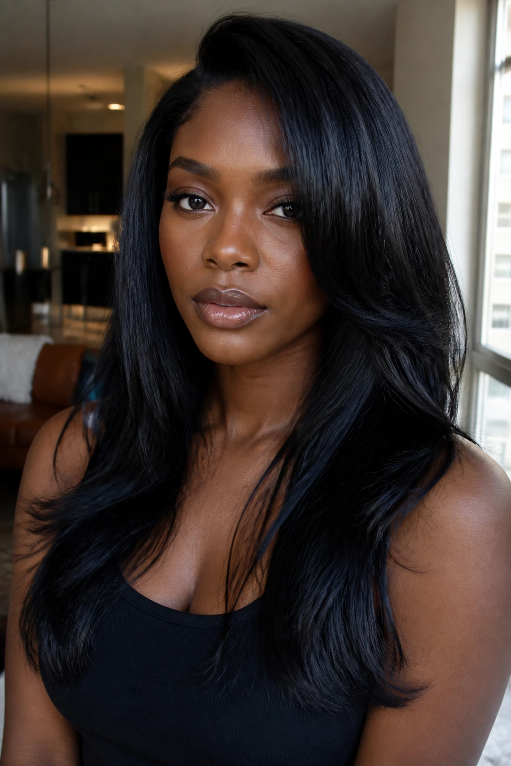 Close-up of a real person with jet-black glossy hair and movement.