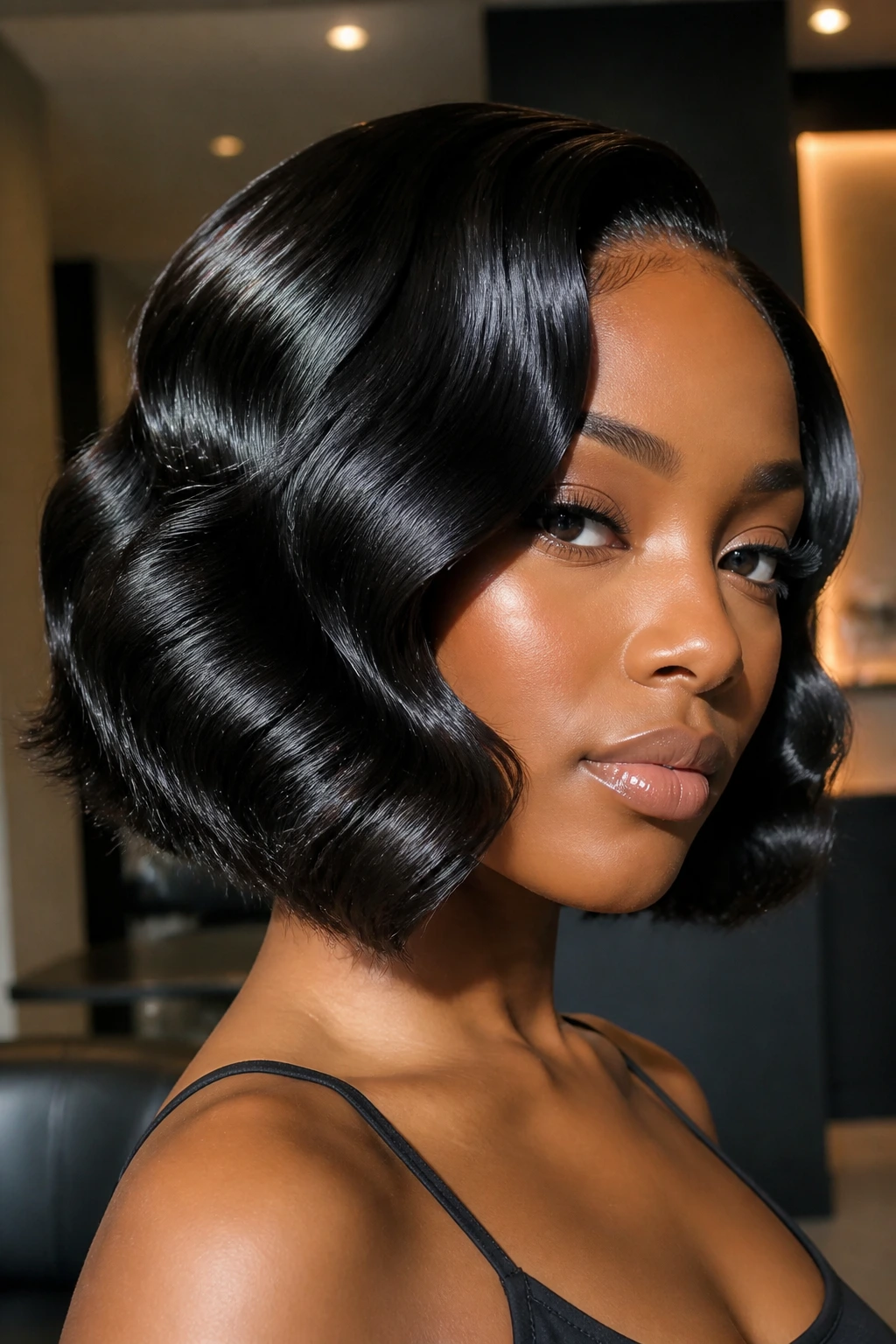 Close-up of a Black woman with a jet-black glossy bob and S-curves.