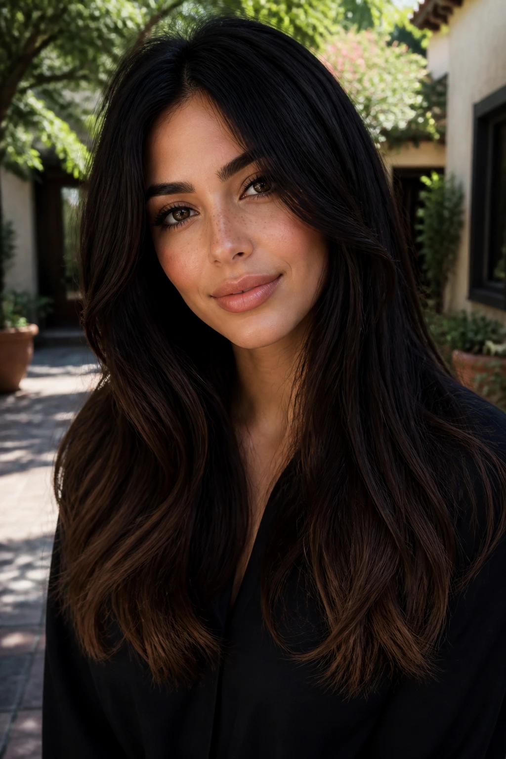 Portrait showing jet-black roots fading to mocha ends against olive skin.