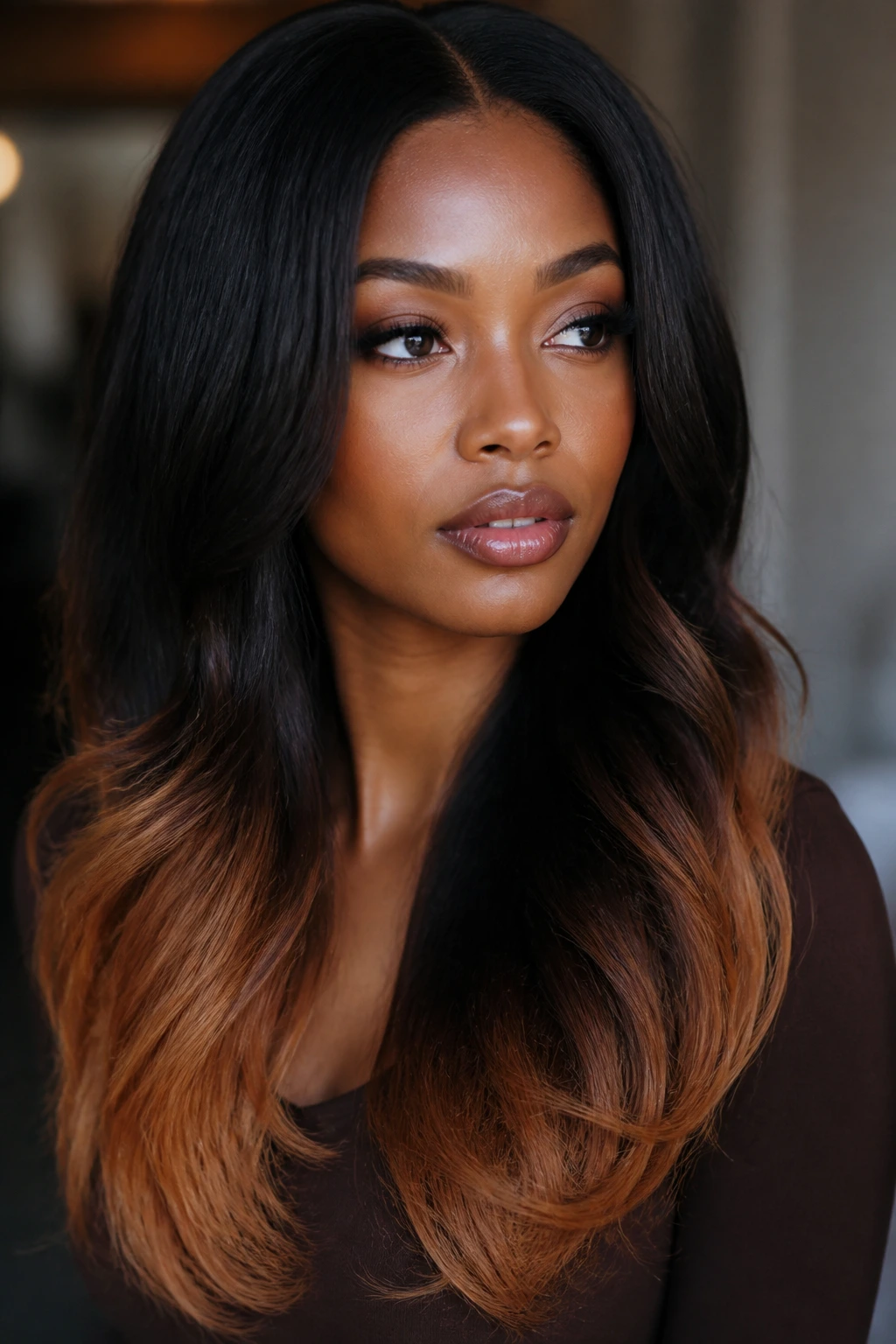 Close-up portrait of a real woman with jet brown hair and caramel dip-dye ends.