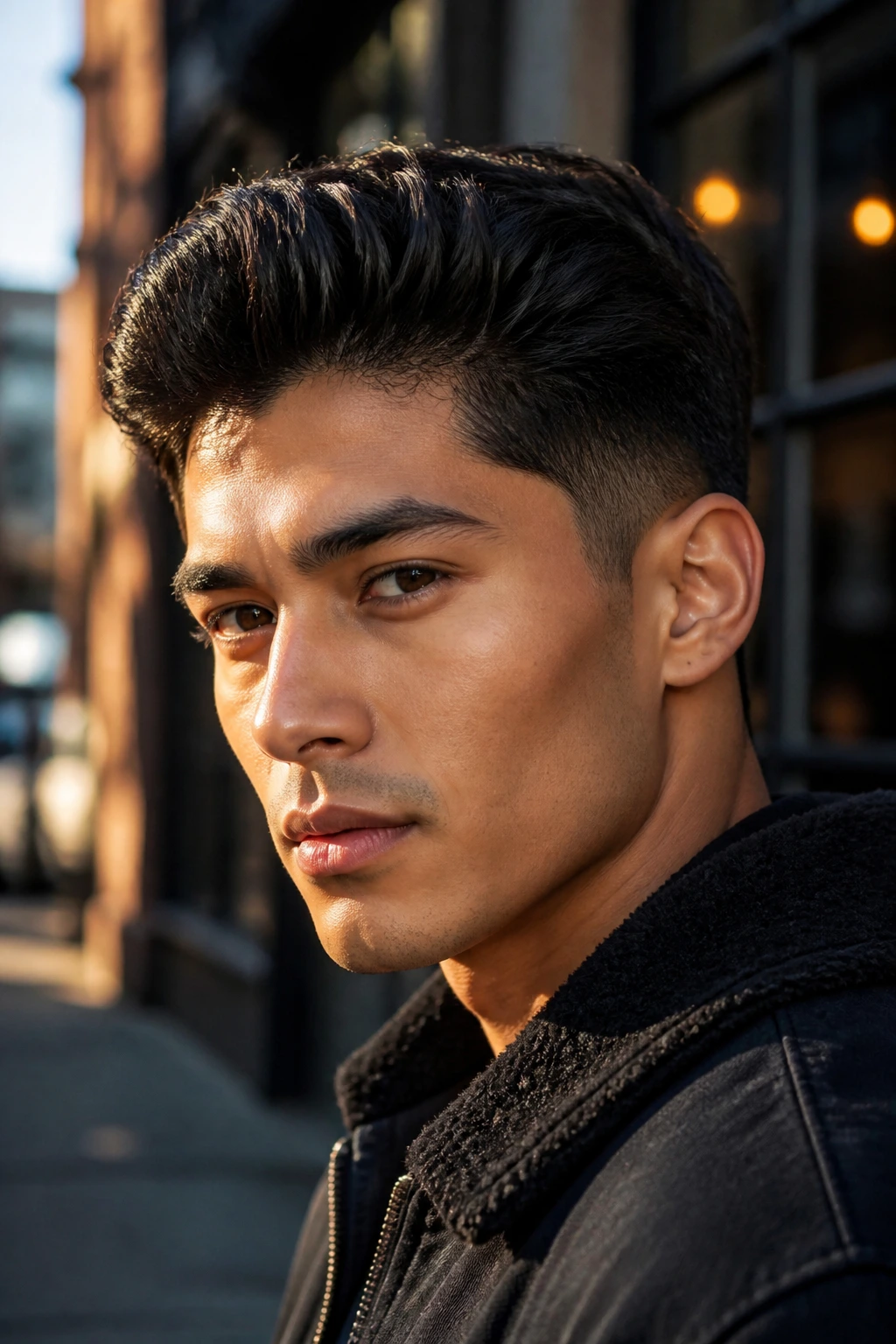 Close-up portrait of a real person with brushed-back jet brown crop