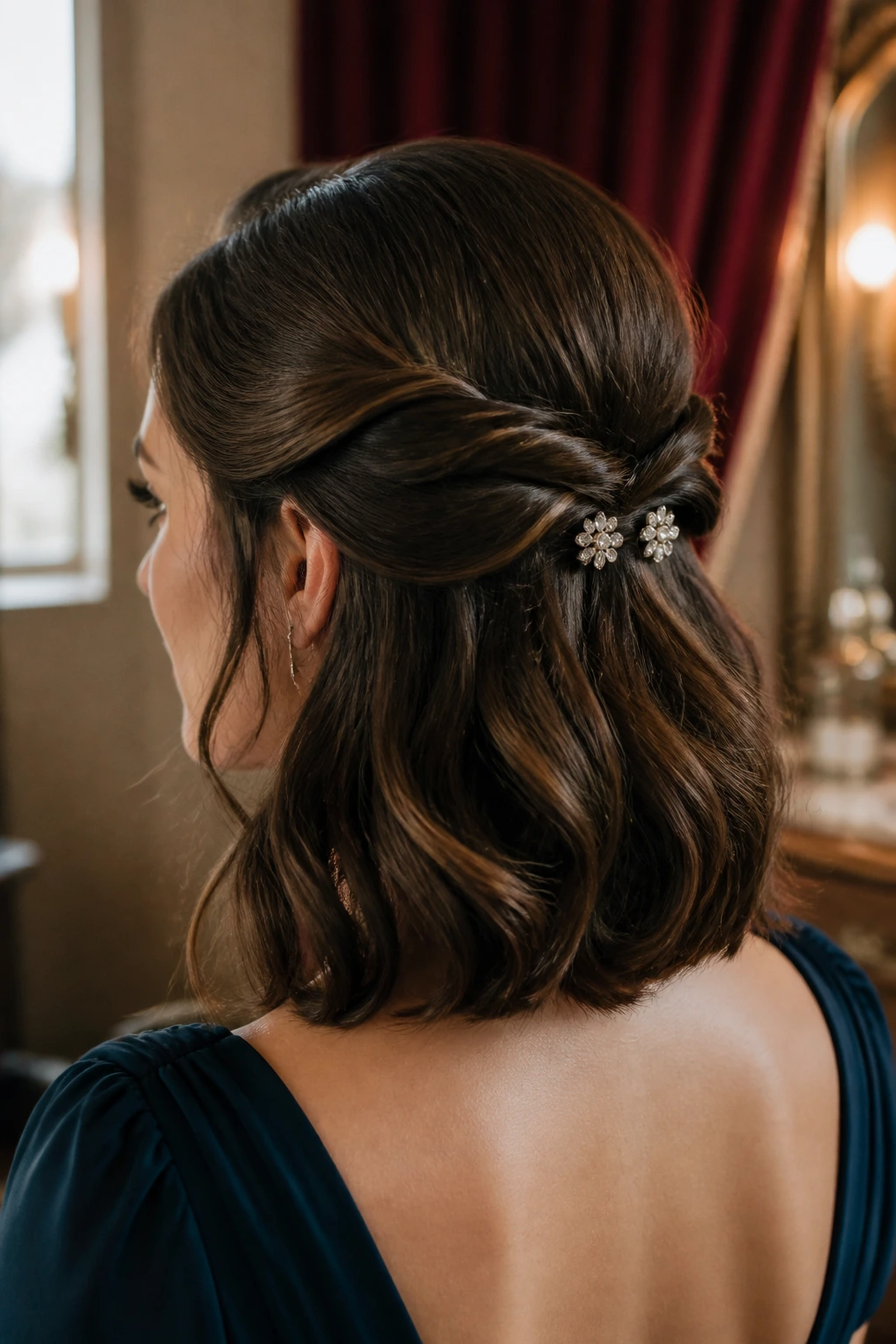 Close-up of a real woman with thick hair in a Jeweled Double-Twist Half-Up style with jeweled pins.