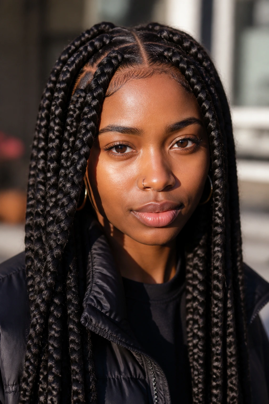 Close-up of a Black woman with jumbo box braids