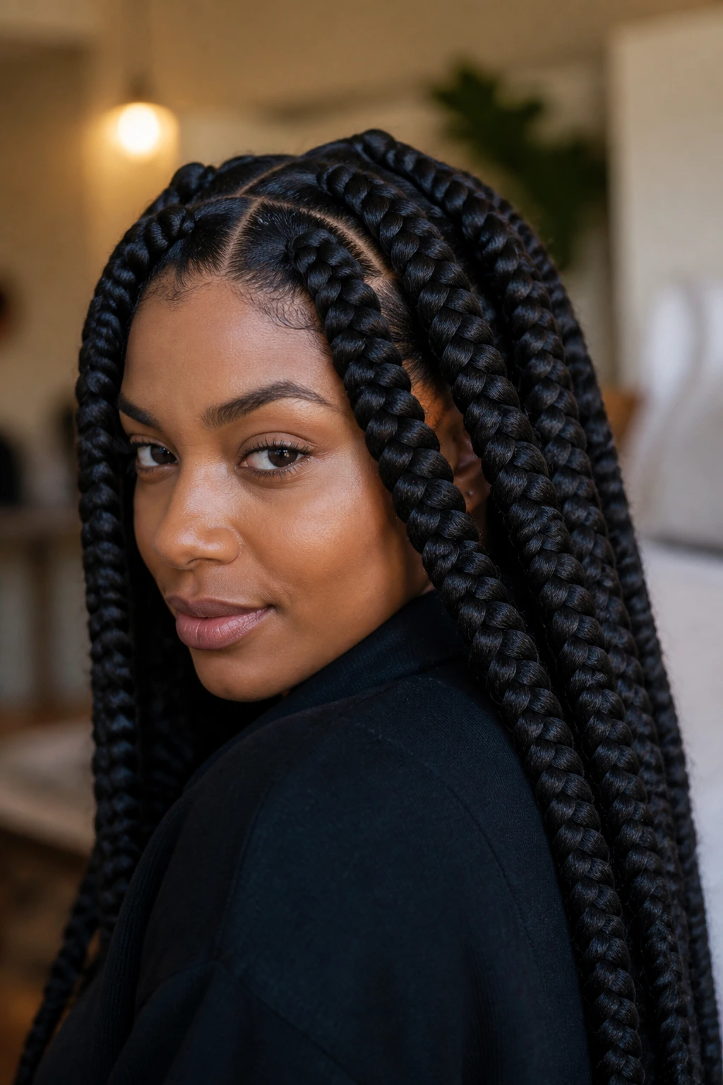 Close-up of jumbo box braids on a real person
