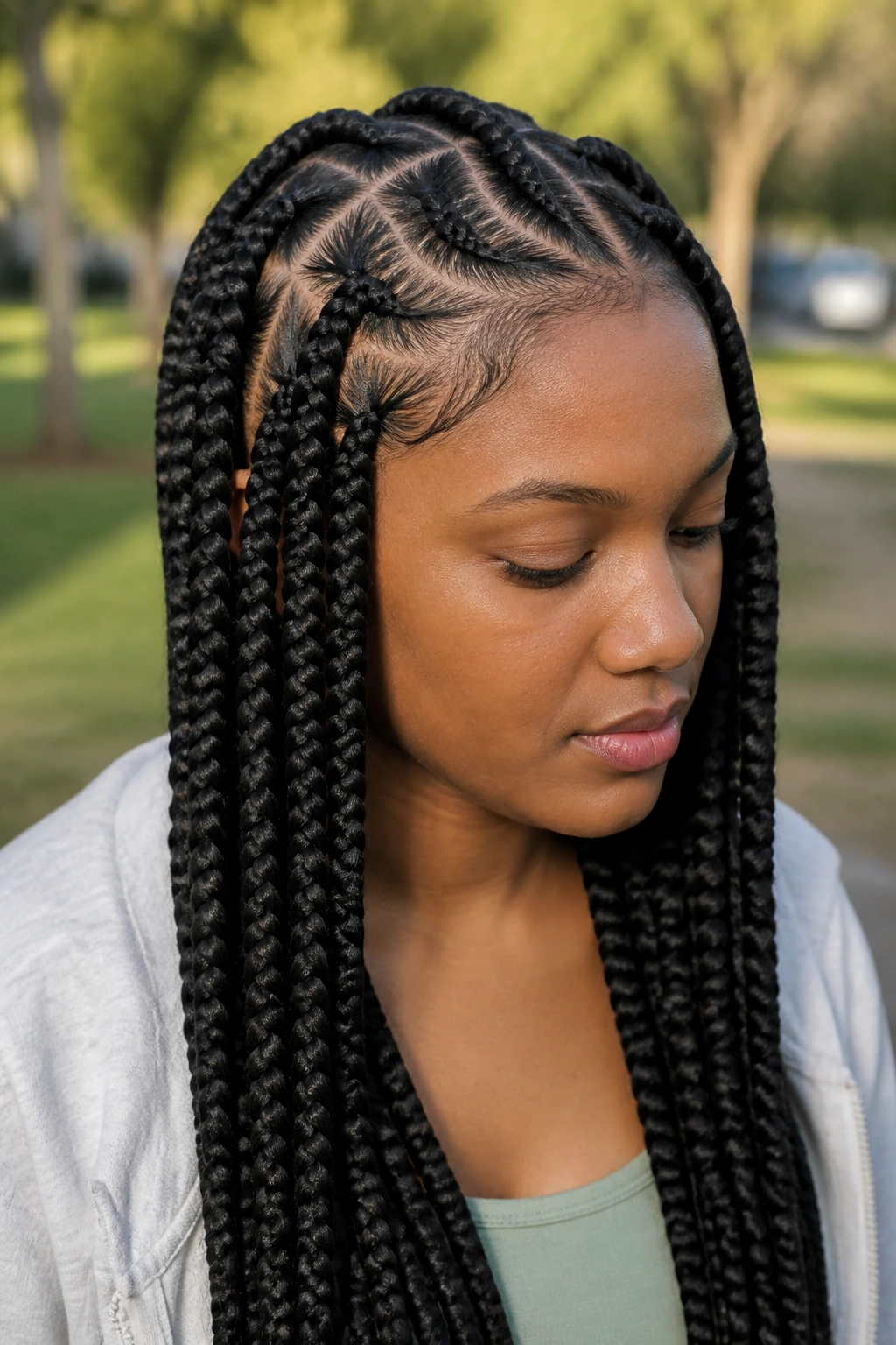 Medium close-up of a real woman with jumbo box braids and curved parts outdoors