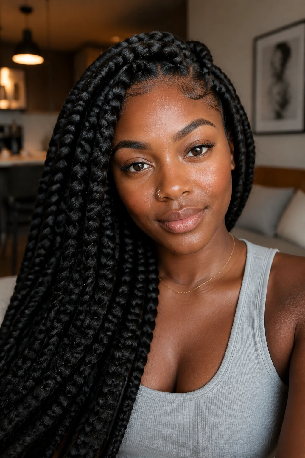 Real person with jumbo box braids filling the frame in a warm indoor setting