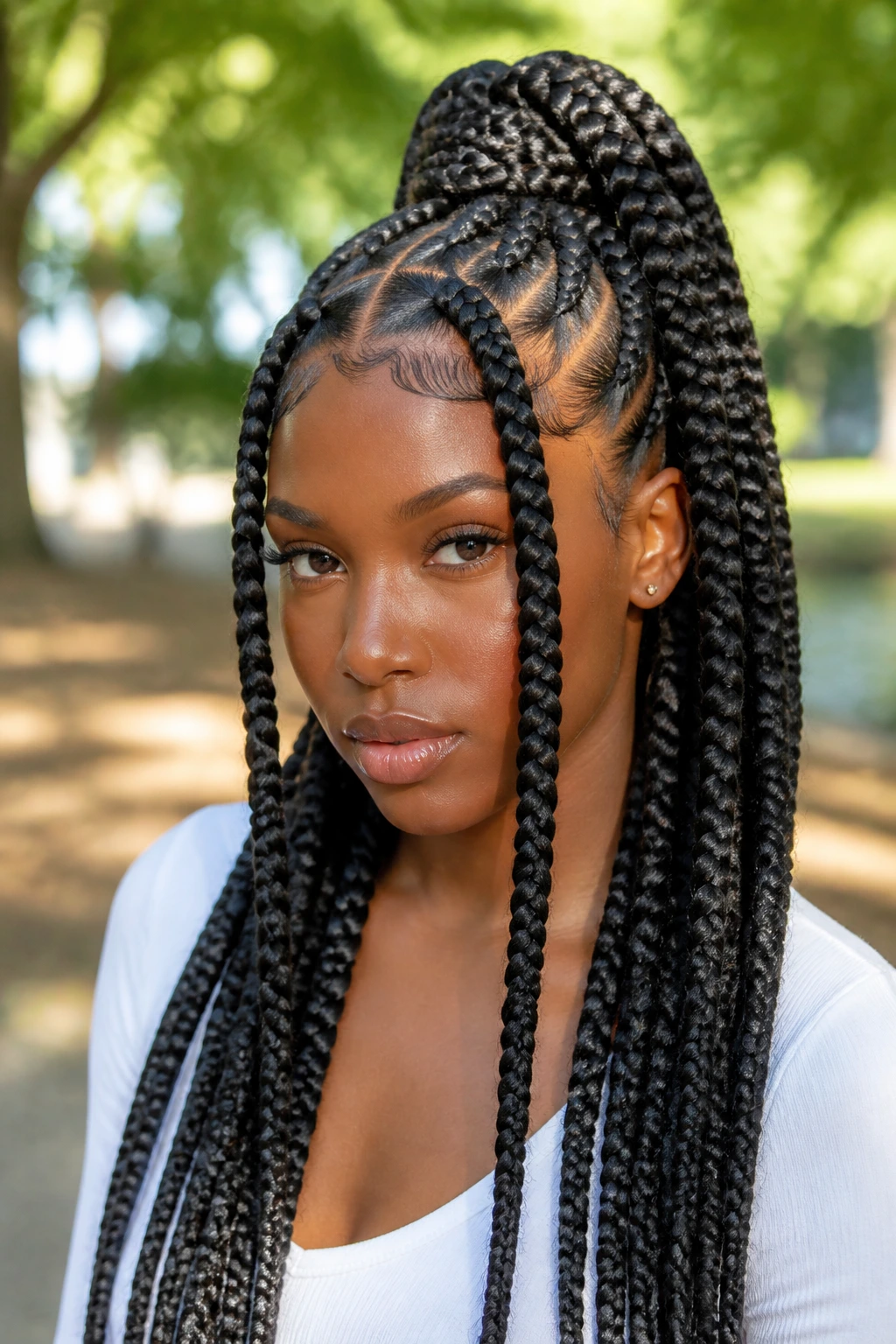 Medium-close portrait of a woman with jumbo box braids