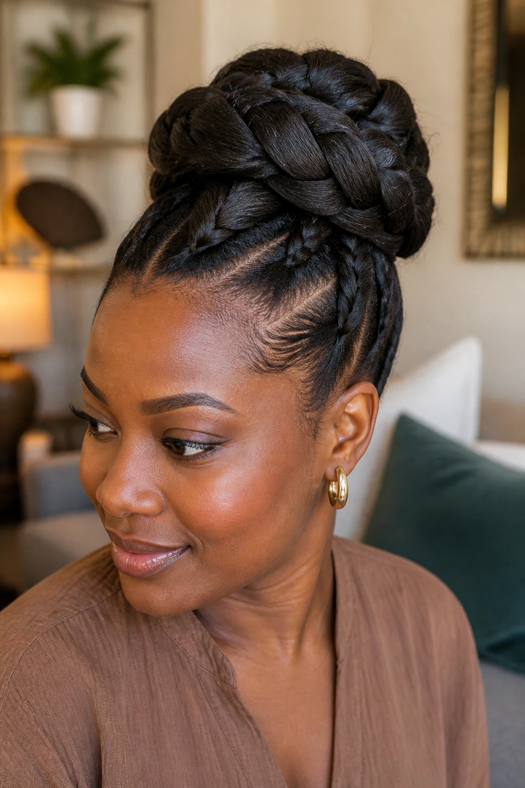 Close-up of a real woman's jumbo French braid forming a large bun.