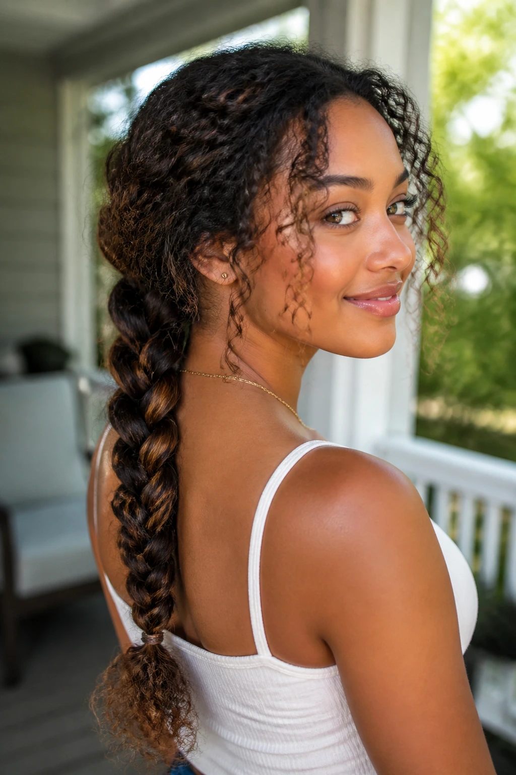 Medium close-up of a real person with a jumbo braid and loose curls