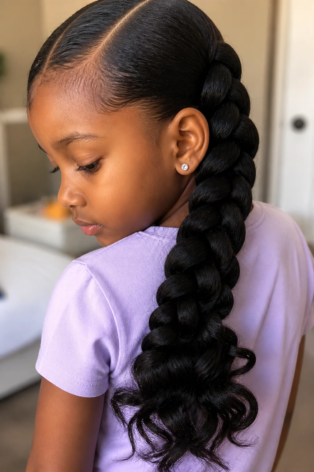 Young girl with a single jumbo braid and loose curls at the ends