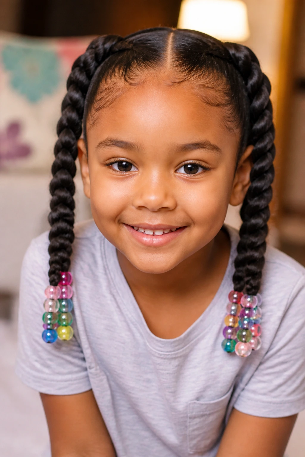 Close-up of a real child with two jumbo braids ending in scattered beads