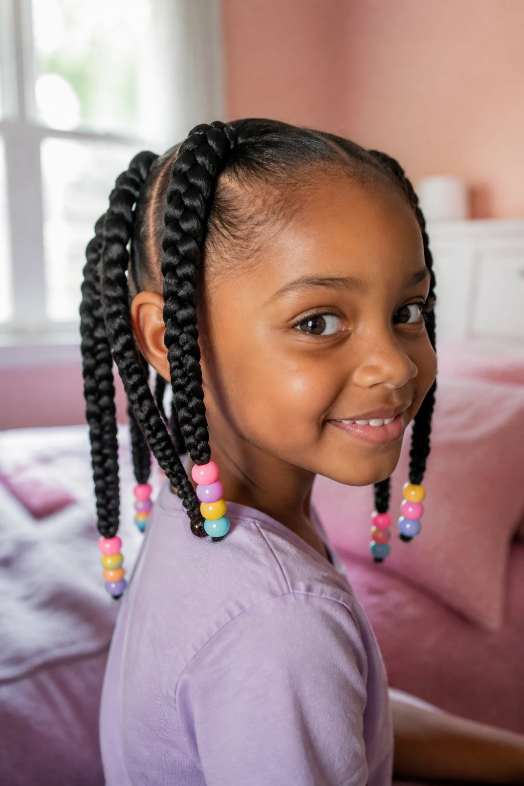 Close-up of a child with four jumbo braids and colorful beads