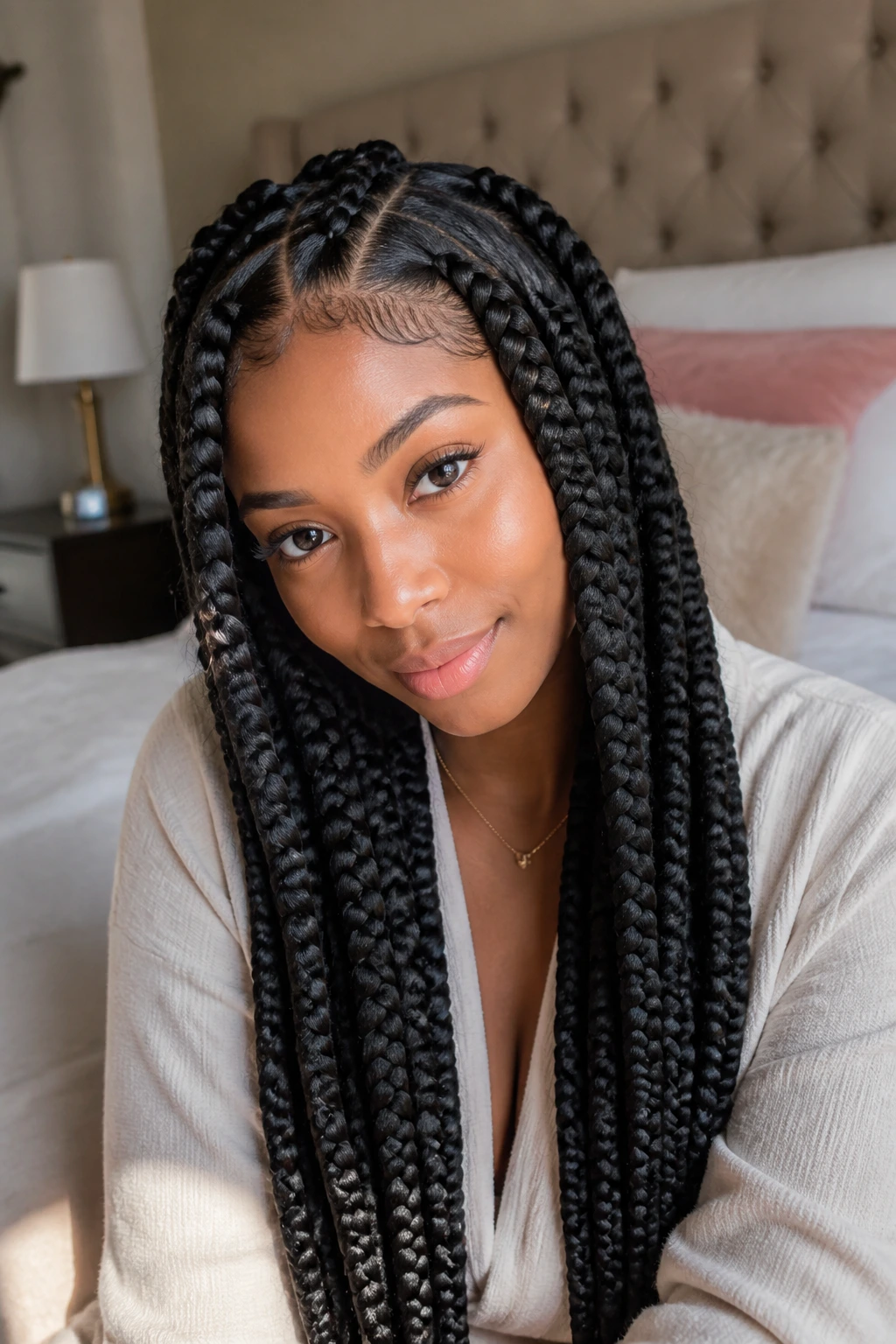 Medium close-up of a real person with long jumbo braids filling the frame in a cozy home setting.