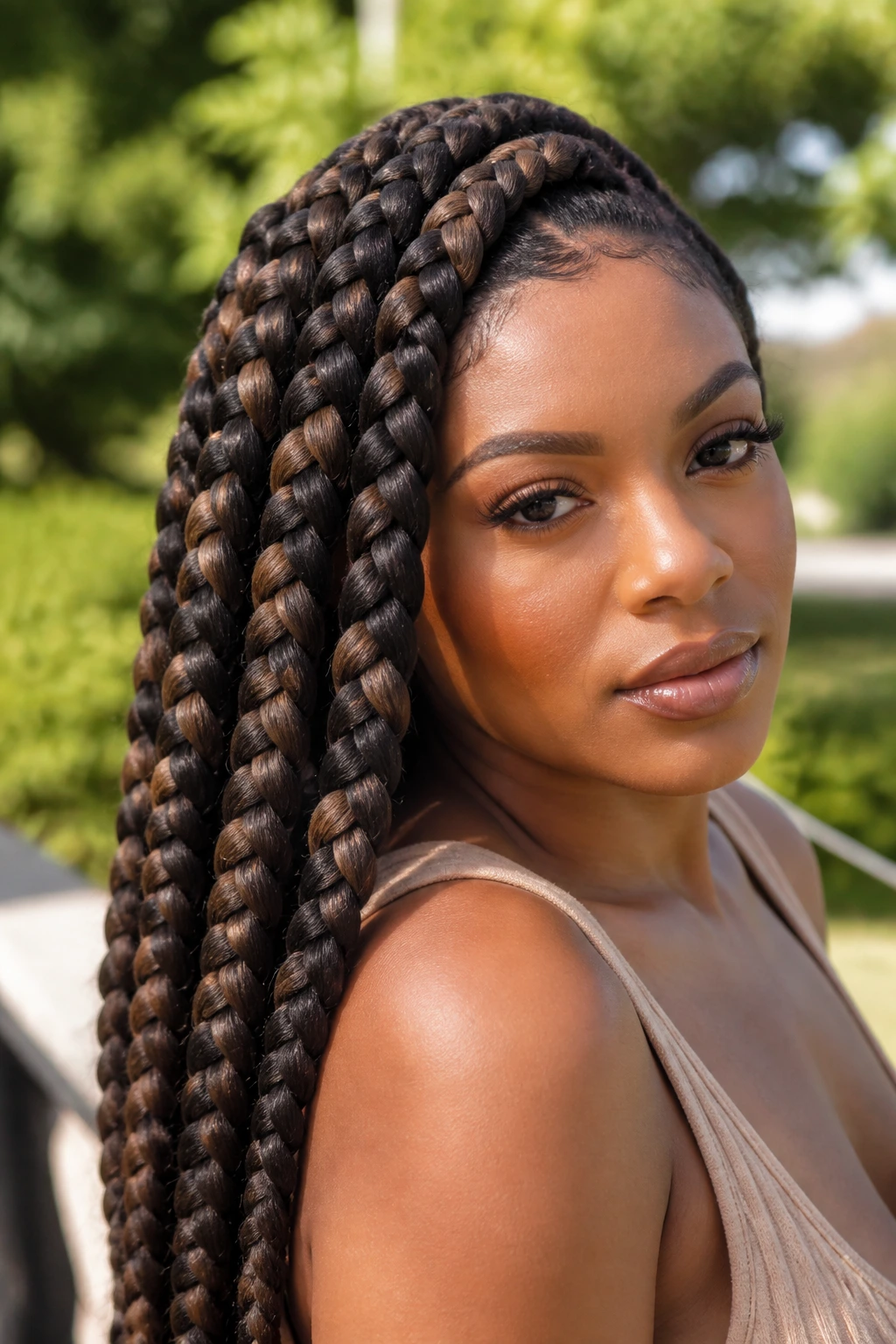 Close-up of a real woman with Jumbo Braids featuring Cocoa Channels