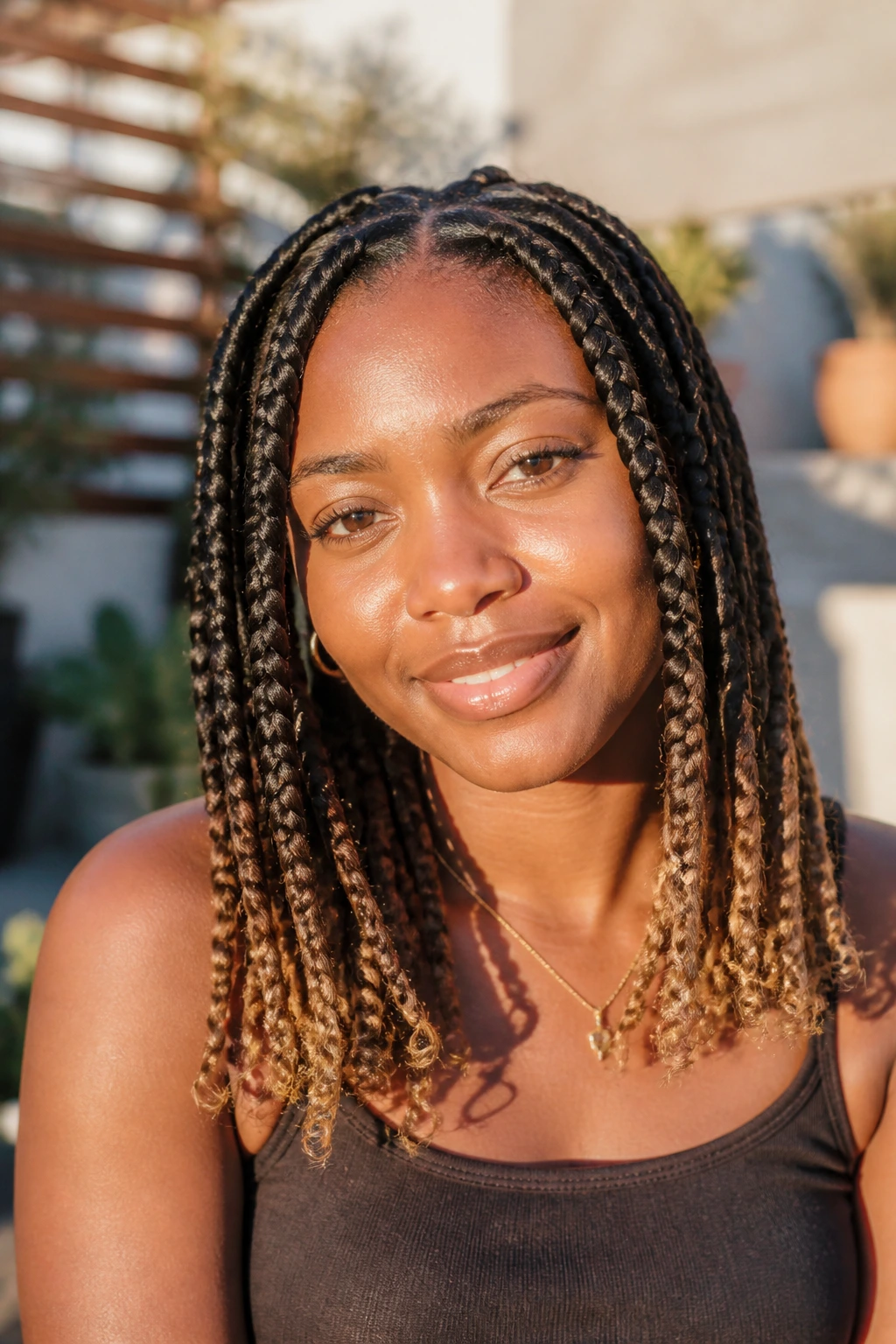 Real woman with jumbo braids and lighter ends in golden hour light