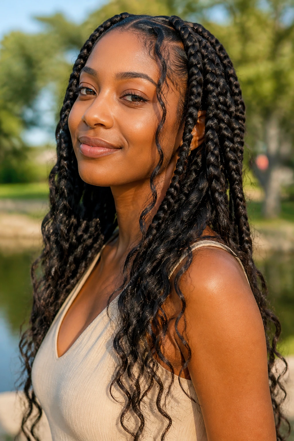 Close-up of a real person with jumbo braids and loose ends outdoors