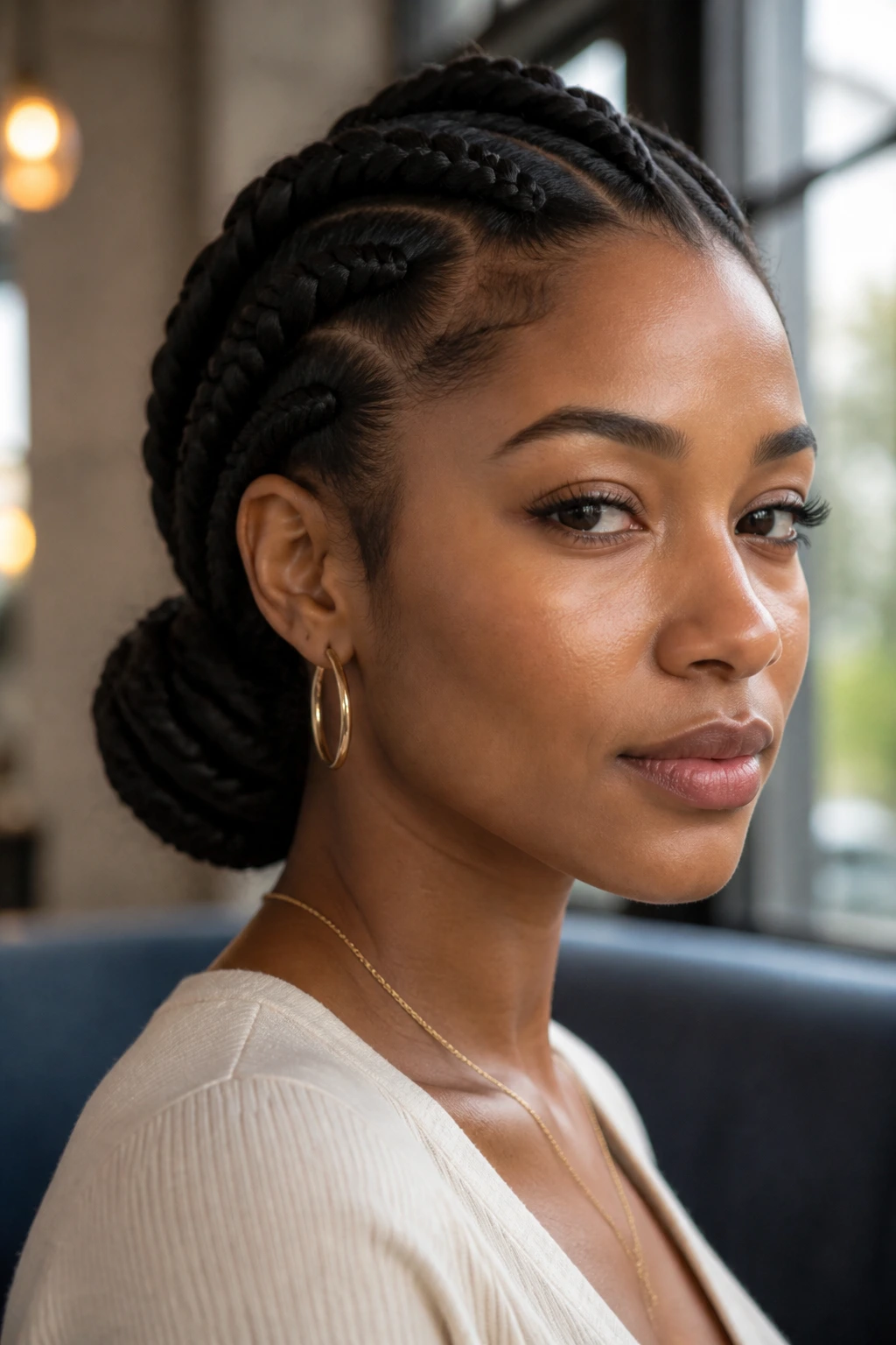 Close-up portrait with jumbo braids styled into a loose low bun at the nape in a cozy cafe setting